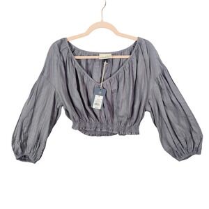 Universal Thread Womens Blue Milkmaid Cottage Cropped Balloon Sleeve Top Medium